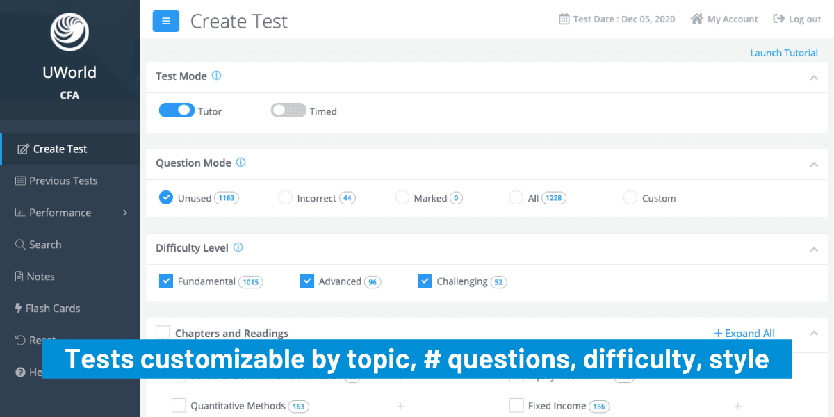 UWorld CFA Provider's tests are customizable by topic, questions, difficulty, style