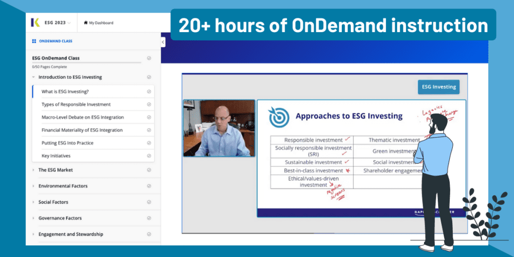 Kaplan Schweser Launches Certificate in ESG Investing Course (In-Depth Review) 4 20 Hours of OnDemand Instruction from Kaplan Schweser