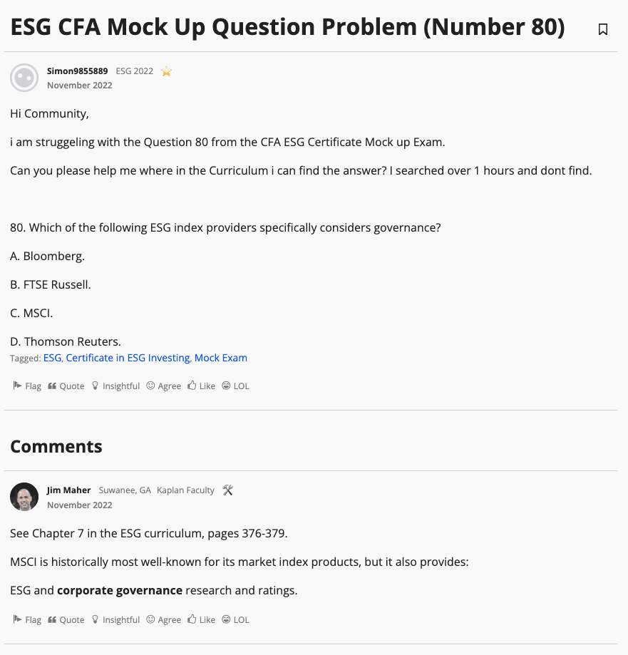 Kaplan Schweser Launches Certificate in ESG Investing Course (In-Depth Review) 10 screencapture community schweser discussion 935 esg cfa mock up question problem number 80 2023 01 26 15 05 58