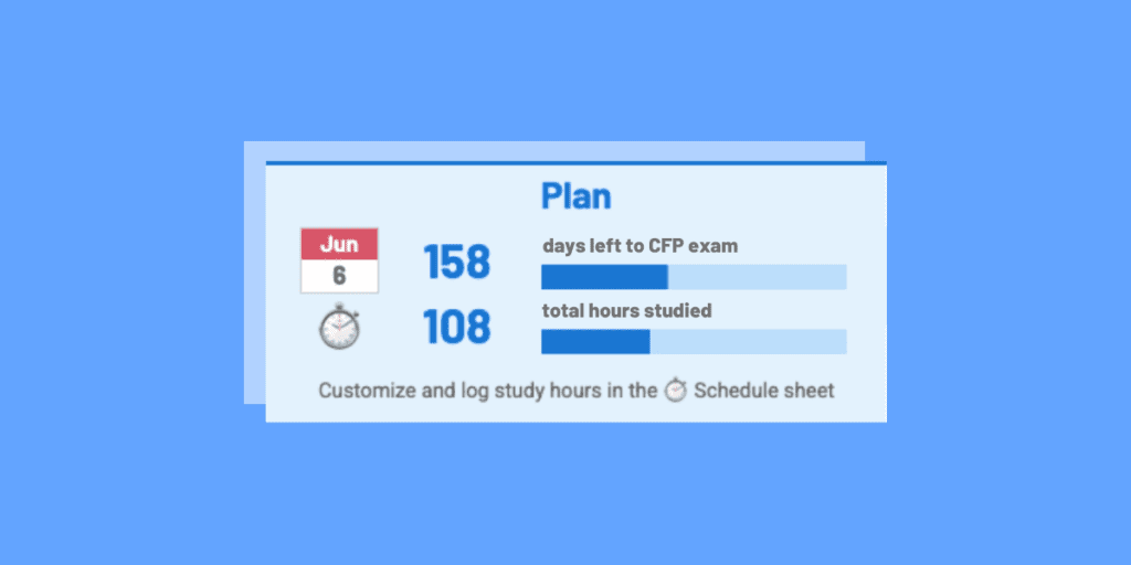 A Free Customizable CFP Study Planner 3 CFP Study Planner - dashboard showing days left to CFP exam and total hours studied so far