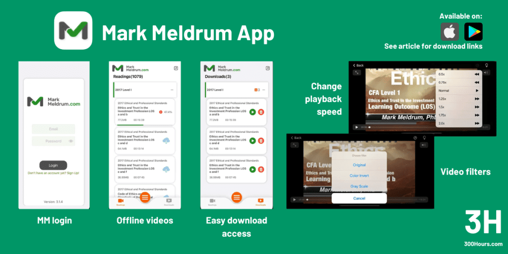 CFA Provider Apps: Our Shortlist 5 5 screenshots showing the Mark Meldrum CFA app, showing login screens offline videos, easy download access, change playback speed, and video filters